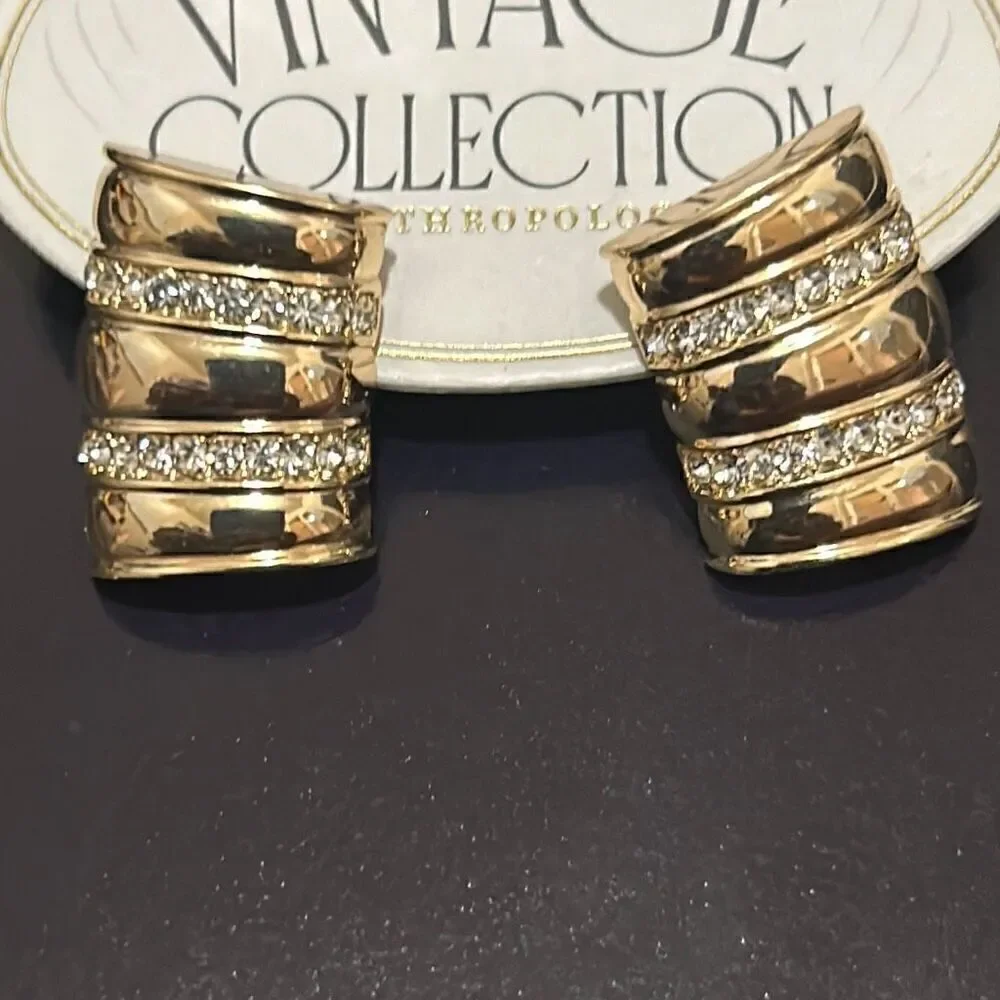 Anthropologie Restored Vintage Crystal Encrusted Curved Earrings 14K Gold Plate